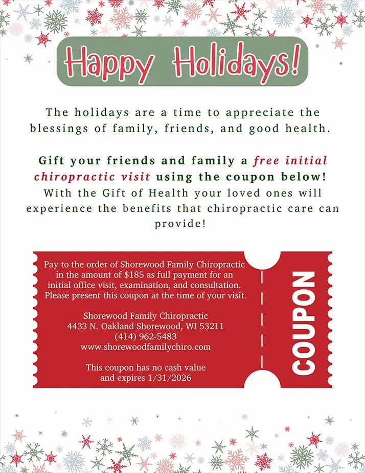 Holiday-themed flyer with snowflake decorations and the headline ‘Happy Holidays!