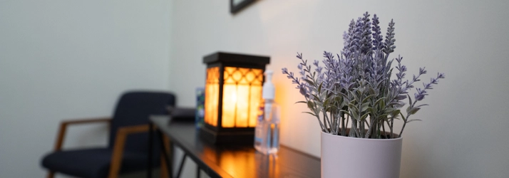 Lavender plant next to lantern on table in lobby